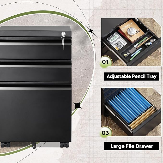DEVAISE 3 Drawer Mobile File Cabinet with Lock, Metal Filing Cabinet Under Desk for Home Office, Fully Assembled Except Casters, Fits Letter/Legal/A4 Size, Black