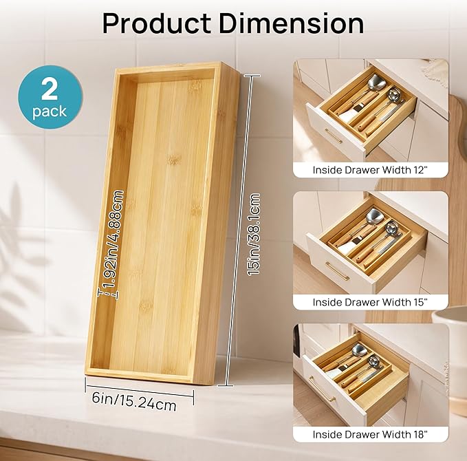 Vtopmart Bamboo Drawer Organizer Boxes - Set of 2 Multi-purpose Wooden Storage Dividers for Kitchen, Bathroom, Office, Desk, Makeup, Jewelry & More, Non-Slip Junk Drawer Organizer Trays for Storage