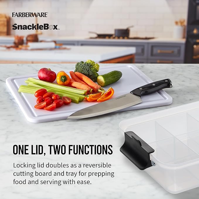 Farberware Snacklebox 7.8 x 12.7 Inch Plastic Cutting Board Lid with 7 Compartments and Locking Handles - Portable Snack Organizer for Charcuterie, Travel, Picnics, and On-the-Go Snacking