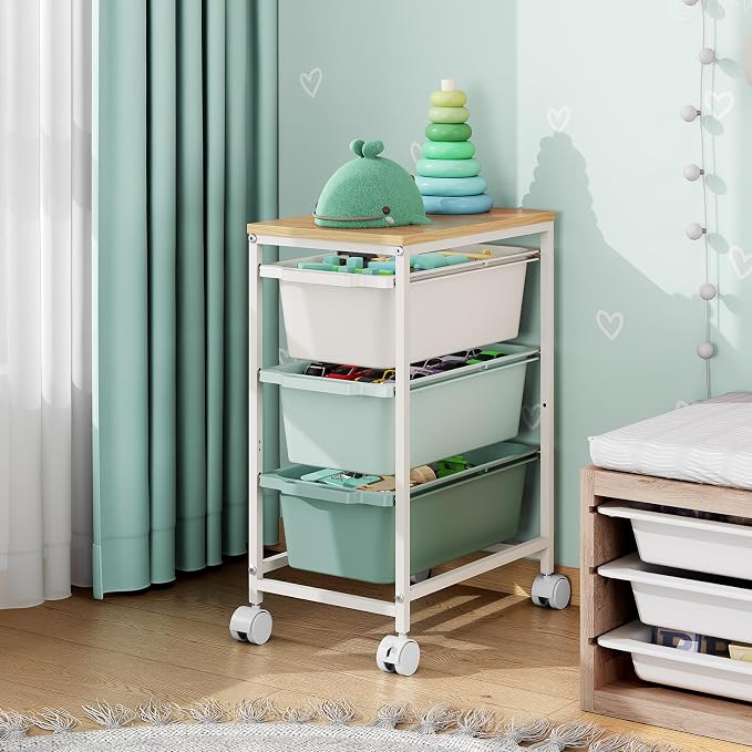Slim Rolling Storage Cart with 3 Drawers, Craft Organizer, Wooden Tabletop Utility Cart for Bedroom, Children's Room and Office Organization, Under Desk Trolley with Lockable Wheels, Green