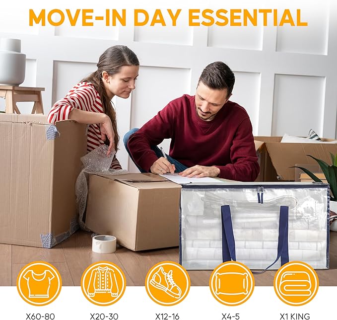 HealSmart 6 Pack Large Moving Bags with Zippers & Handles, Moving Supplies with lids, Heavy Duty Totes for Space Saving, Fold Flat, Moving and Storing, Clear