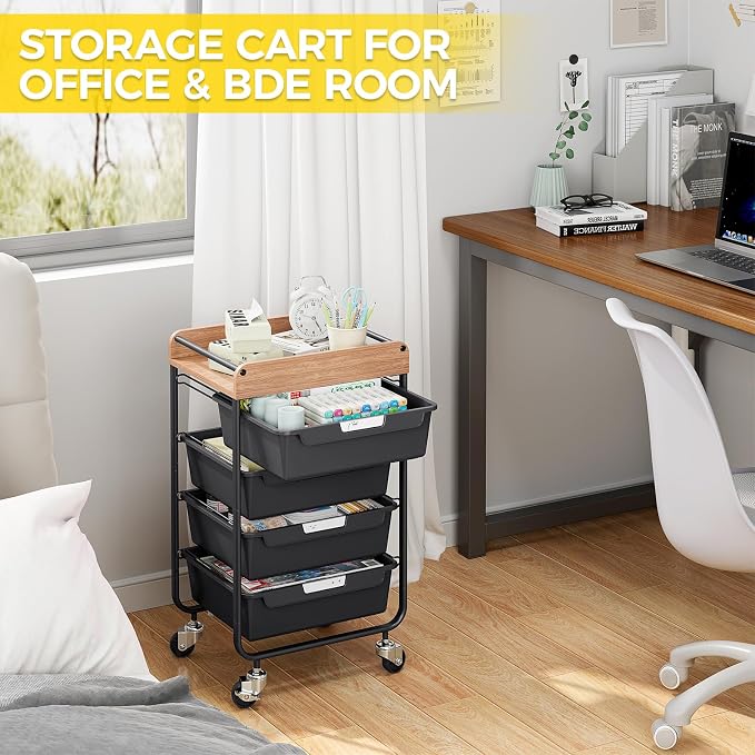 SYKIARIOL Utility Cart with 4 Labeling Drawers and Wooden Tabletop – Rolling Storage Cart for Crafters, Artists, Kids, Teachers, and Students – Organize Arts, Crafts, Sewing & Study Supplies
