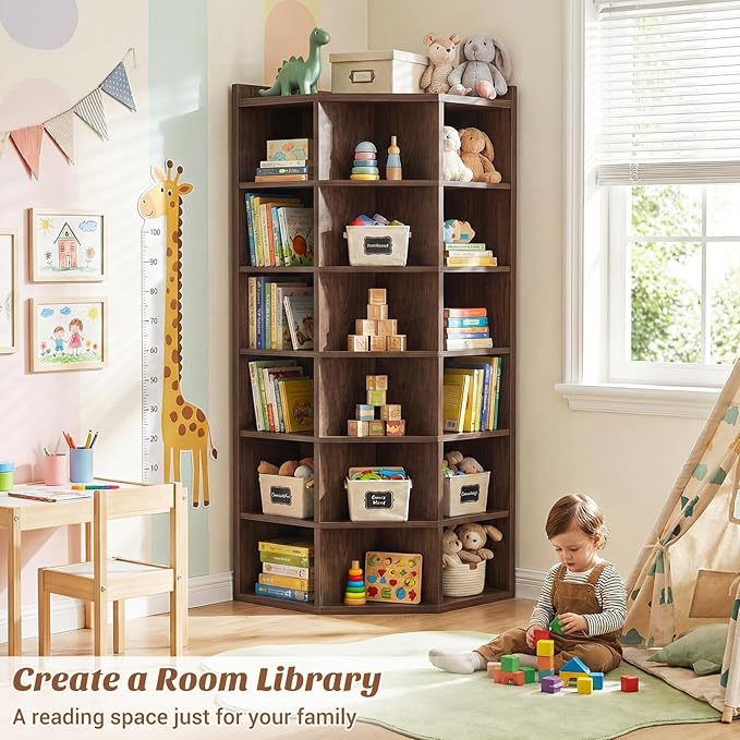Aheaplus Corner Cube Book Shelf, 7-Tier Corner Storage Cabinet with Top Table, Corner Cube Shelf for Small Space, Wooden L Shaped Cubby Bookcase for Home Office, Bedroom, Living Room, Black Walnut