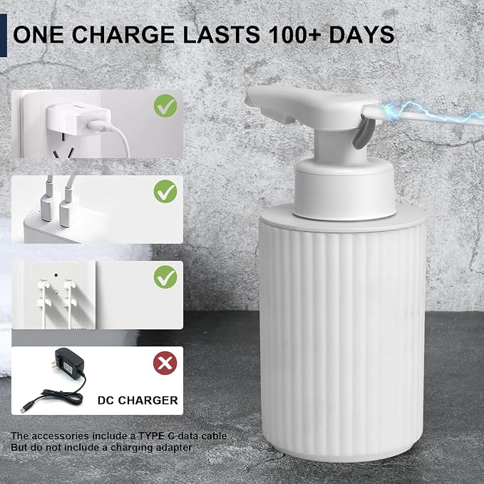 Automatic Soap Dispenser Liquid Touchless: 9oz White Plastic - Rechargeable Electric Smart Auto Hand Soap Dispenser - Dish Bathroom Kitchen