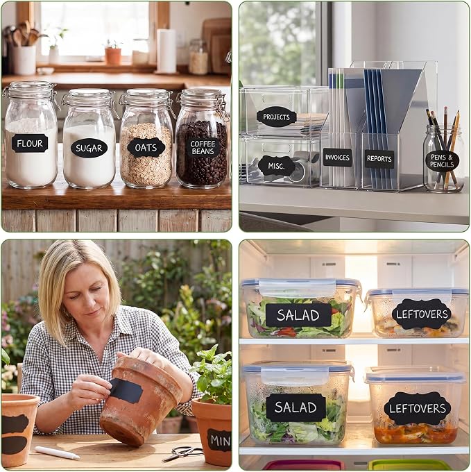 465 Chalkboard Labels for Jars and Containers with 2 White Chalk Markers | Waterproof, Reusable Labels In Assorted Sizes And Shapes; Sticks To Glass, Plastic, Metal, Wood, And Ceramic