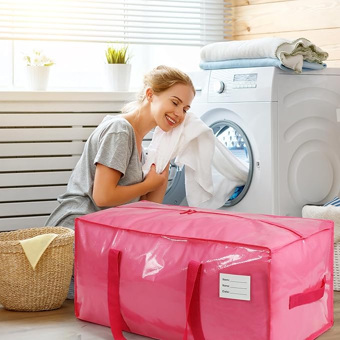 VTSVTS 2 Pack Extra Heavy Duty Large Moving Bags with Comfortable Handle & Strong Zipper,Storage Totes for Space Saving Moving Storage College Supplies Alternative to Moving Box,Pink