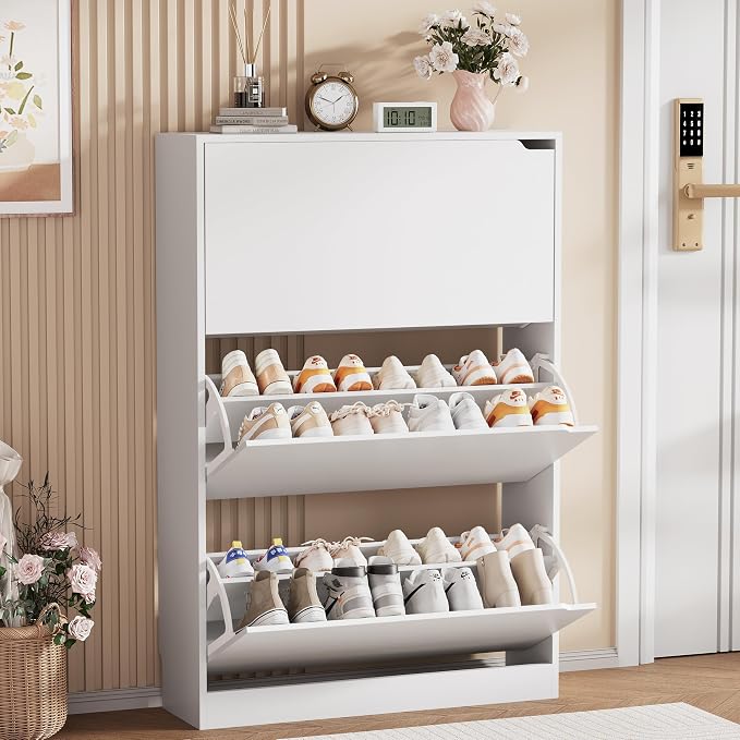 Shoe Storage Cabinet, Wood Shoe Organizer for Entryway with 3 Flip Drawers, Freestanding Shoe Rack with Adjustable Shelf, Narrow Shoe Dresser for Front Door Entrance (White, 3 Drawers)