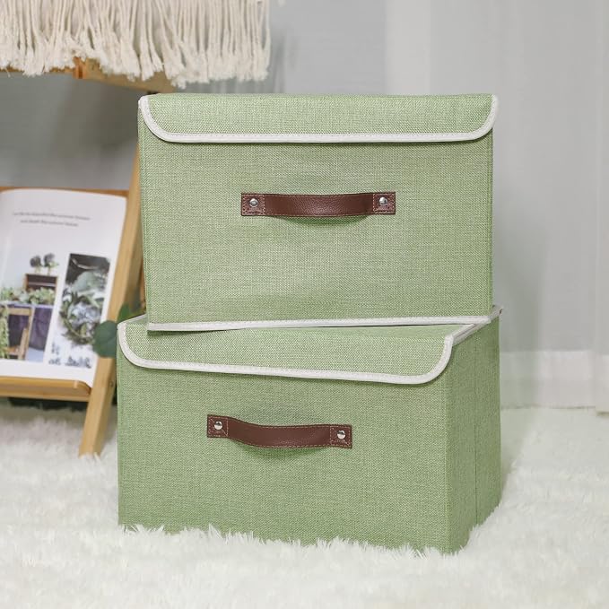 ANMINY Storage Bin with Lid Storage Boxes with PU Leather Handles PP Plastic Board Decorative Foldable Lidded Cotton Linen Fabric Home Cubes Baskets Closet Organizer Container - Green, Medium