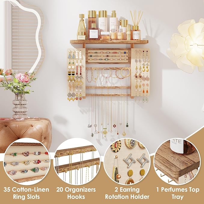 Emfogo Jewelry Organizer Hanging Wall Mounted Jewelry Holder, 5-in-1 Large Capacity Necklace Organizer Display for Ring, Necklaces, Bracelets, Earrings (Rustic Wood)