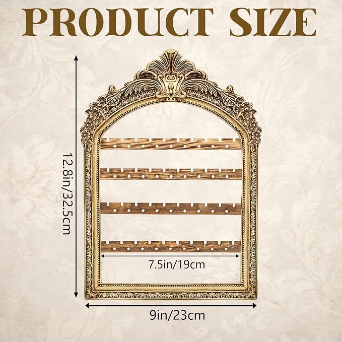 Large Hanging Earring Jewelry Organizers, 13 x 9.3 Inch 4 Layer Vintage Gold Arched Frame, Wall Mounted Jewelry Holder, Decorative Earring Organizer Display for Stud Earring Bracelet Necklace Ring