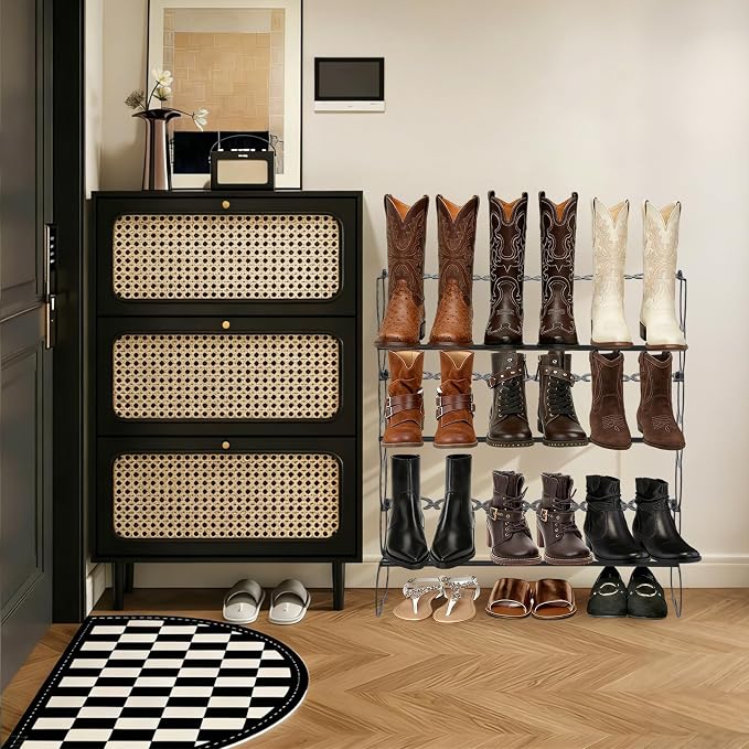 Cowboy Boot Rack 9 Pairs Horseshoe Boot Rack Cowboy Boots Storage Organizer Rustic Horseshoe Gifts Farmhouse Decor for Western Style Lovers Entryway Accessories (Three Level)
