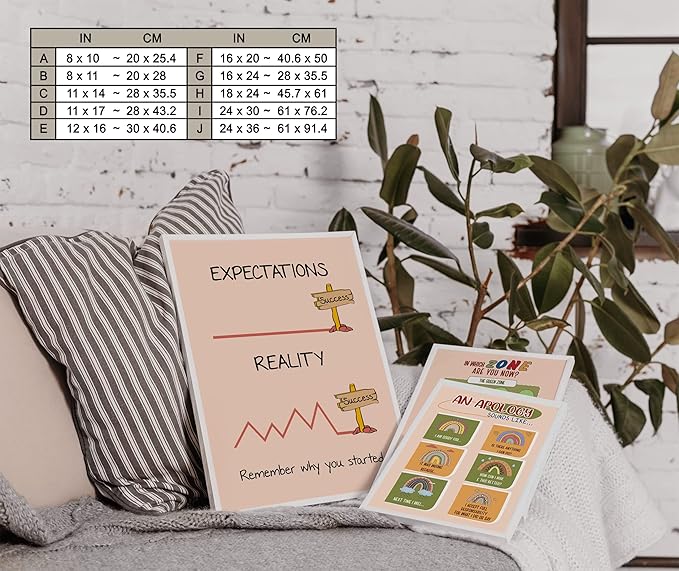 LOLUIS Mental Health Poster, Boho Therapy Tools Educational Supplies Art Print Classroom School Office Decor (Expectation and Reality, Custom Frame Type)