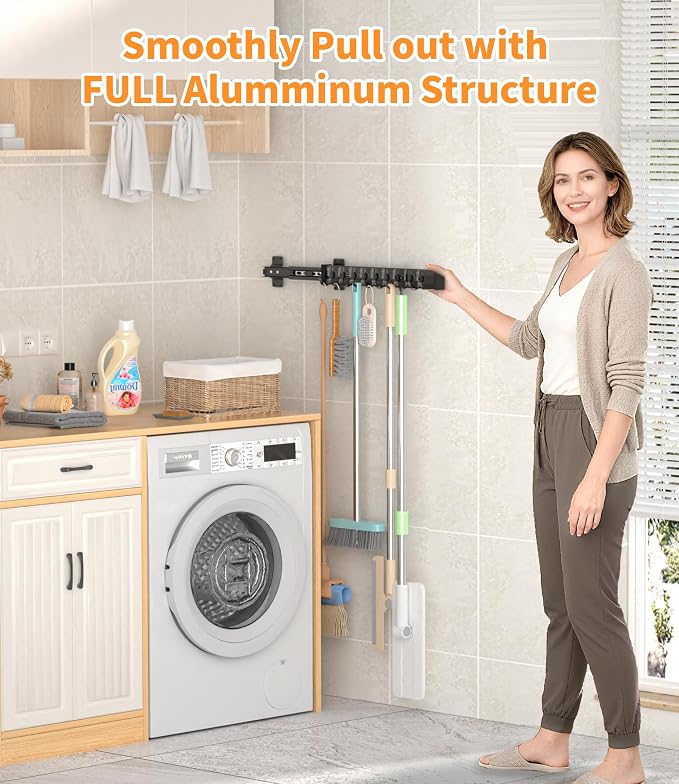 Pull Out Broom Holder With 12 Adjustable Row Sliding Hook - Black 20.1inch | High Load Capacity, Multifunctional Slide Broom And Mop Storage/Organizer Garage Organization Hook, for Closet Laundry Garage