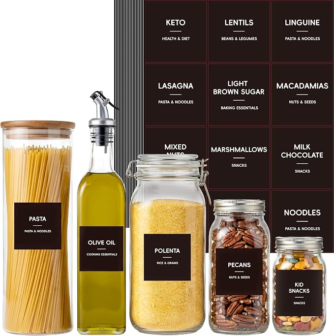 276 Pantry Labels for Food Containers, Black Preprinted Minimalist Waterproof Stickers for Pantry Labels for Food Storage, Organize Pantry Essentials Canister Label, Jars and Kitchen