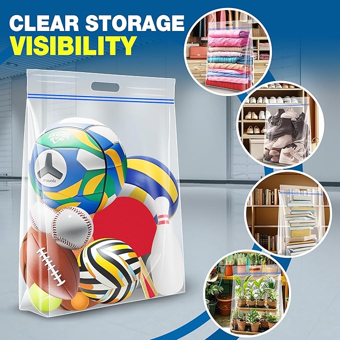 25 Gallon Jumbo Storage Bags, 35" x 24" Clear Plastic Zipper Bags with Handles, Extra Heavy Duty Large XL for Travel, Moving, Clothing, 6 Packs