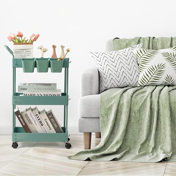 danpinera Storage Cart on Wheels, 3 Tier Bathroom Cart Organizer Slim Laundry Narrow Shelf with Wheels Dividers Hanging Cups Hooks Handle Easy Assembly, Green