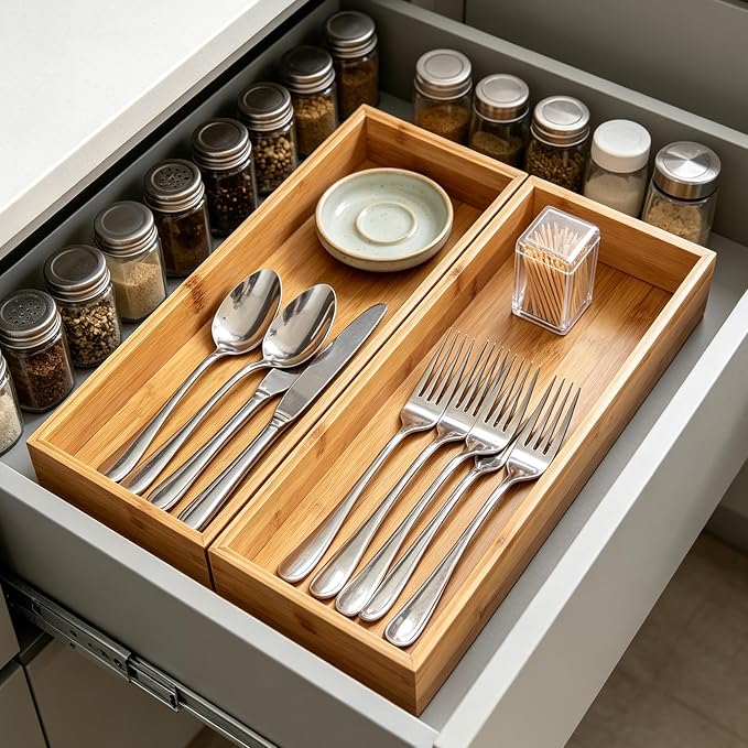 Bamboo Drawer Organizer Set of 2 for Kitchen Drawers, Large Stackable Drawer Organizer for Silverware, Utensils, Cutlery, Flatware, Junk Drawer, Dresser, Bathroom, 15" x 6" x 2"