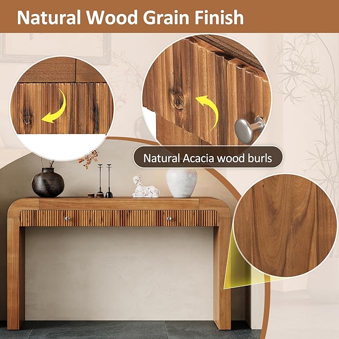 Modern Curved Entryway Console Table 54.3-Inch Farmhouse Rustic Sofa Entry Table Fluted Accent Tables with Storage Drawers for Living Room Hallway Furniture, Brown