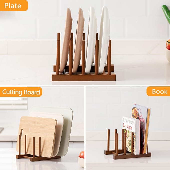 HBlife Teak Wooden Dish Drying Rack Kitchen Cabinet Organizer Plate Holder | 4 Slots, Vertical Dish Racks for Cabinet Countertop & Wall, Plate Pot Lid Cutting Board Holder, Bowl Cup Drainer, Keep Dry
