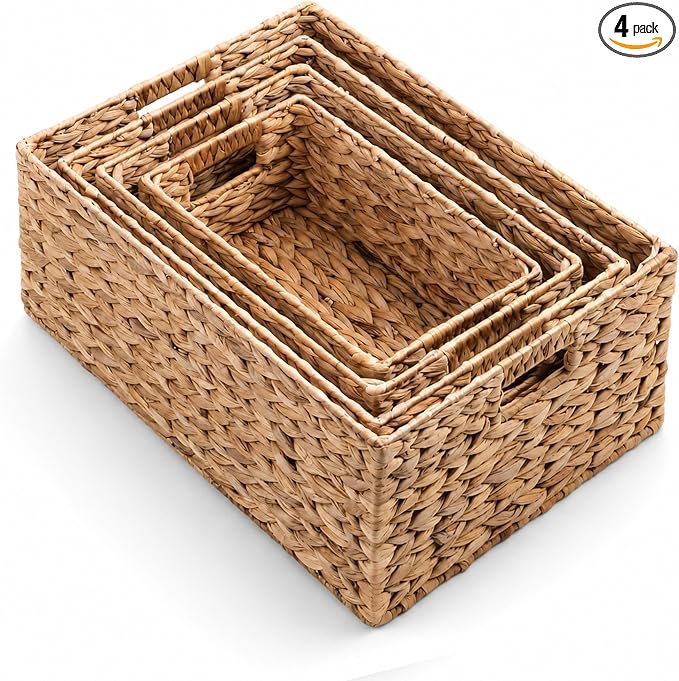 M4DECOR Set of 4 Water Hyacinth Storage Baskets for Shelves – Handwoven Wicker Baskets for Organizing, 4 Sizes (S/M/L/Jumbo)