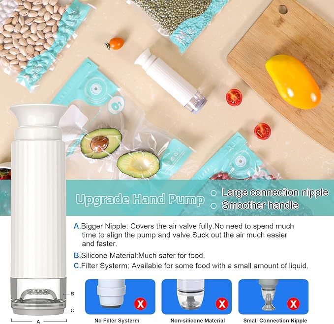 Manual Vacuum Seal Pump for Food Storage, Food Saver Vacuum Sealer Handheld for Sous Vide Bags & Vacuum Containers, Jar Vacuum Sealer for Wide & Regular Mouth Mason Jars (Only Pump)