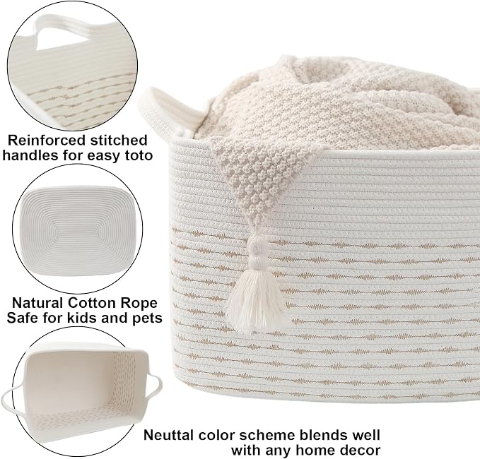 65L Collapsible Woven Rope Laundry Basket with Handles, Yellow | 21x16x12 Foldable Rectangular Blanket Basket for Toys, Clothes & Pillows,Ideal for Nursery, Bathroom, Bedroom, Living Room