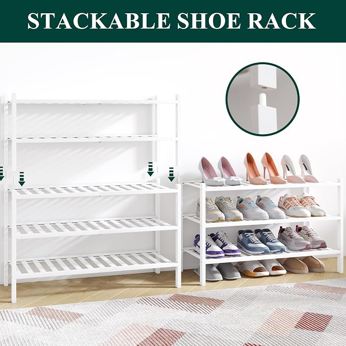 Smiry Bamboo Shoe Rack for Closet, 2 Tier Wooden Shoe Organizer, Stackable Wood Shoe Storage Shelf for Entryway, 14 Vertical Slats, One-piece Heavy-Duty Legs, 26.77"x11.02"x12.99", White