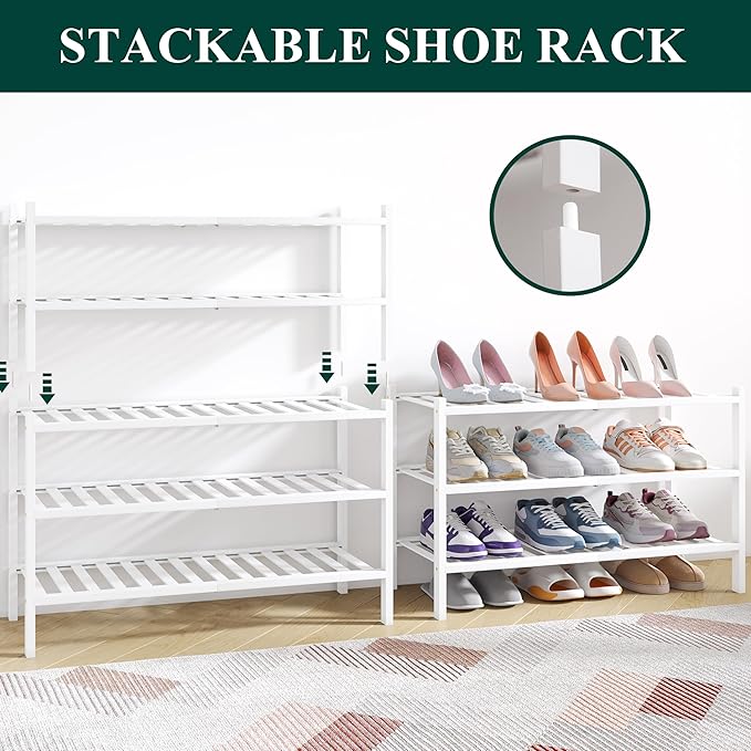 Smiry Bamboo Shoe Rack for Closet, 6 Tier Wooden Shoe Organizer, Stackable Wood Shoe Storage Shelf for Entryway, 14 Vertical Slats, 3+3 Stack Heavy-Duty Legs, 26.77"x11.02"x36.61", White