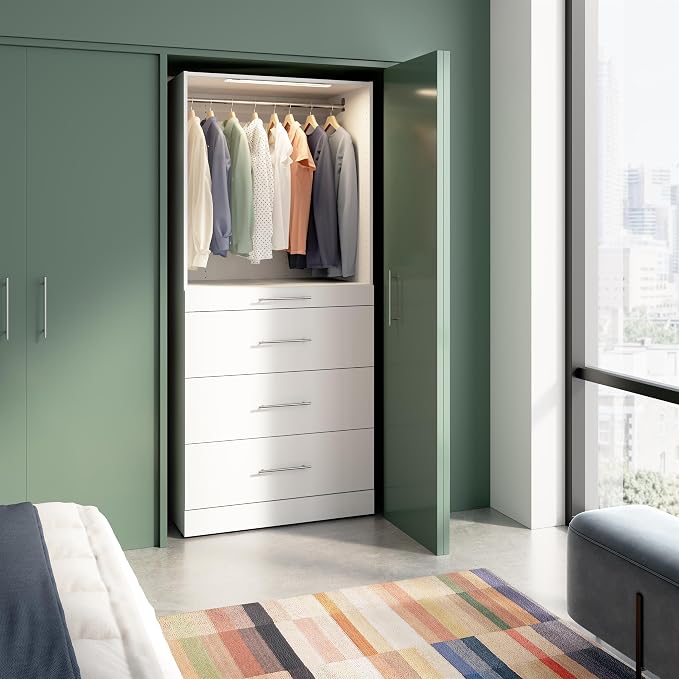 Bestar 36W x 25D Modular Closet Organizer System Tower, Reach-in Closet or Walk-in with LED Light, Shelves, and 4 Drawers, Slab Style, Florence Collection, White
