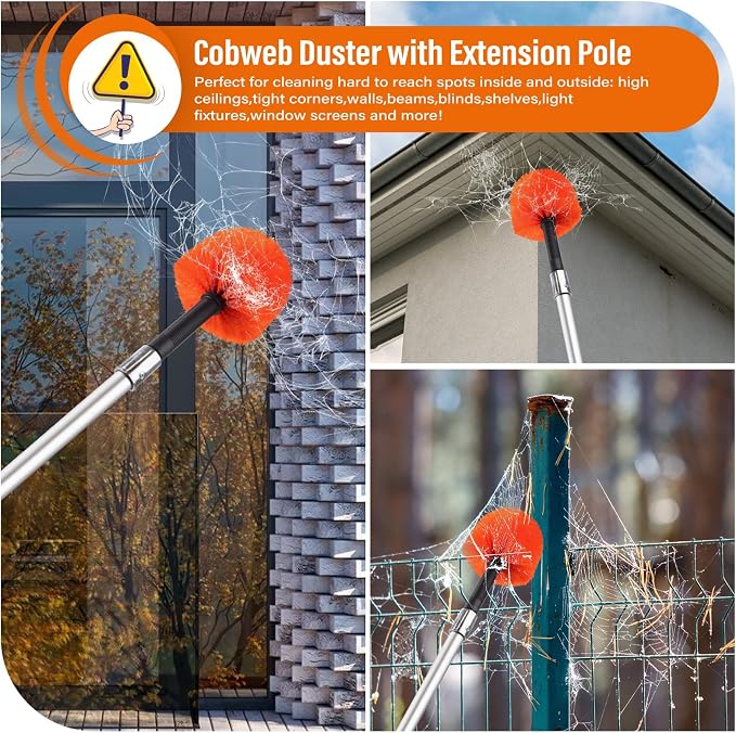 18FT Cobweb Duster with Extension Pole,Spider Web Brush with Pole | Extend 3-12FT,Spiderweb Cleaner with 4-Stage Telescopic Aluminum Pole,Spider Brush Cobweb for Outdoor & Indoor Cleaning