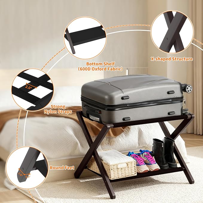 Heybly Luggage Rack, Folding Suitcase Stand with Storage Shelf, Heavy-Duty Luggage Holder for Guest Room Bedroom Hotel, Holds up to 165 lb, Black, HLR010Z1