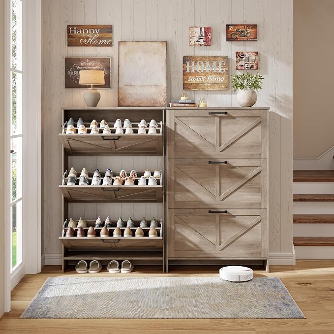Nicetree Ultra Slim Shoe Cabinet – Shaker Barn Door & 3 Flip Drawers, Farmhouse Gray Finish – Freestanding Shoe Rack with 3-Tier Adjustable Shelves – Perfect for Narrow Entryways, Hallways, and Foyers