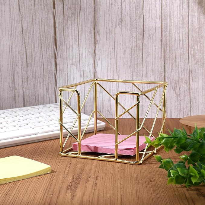 Sticky Note Holder, Multifunctional Sticky Notes Holder 3.9x3.9 Inches Desktop Organizer, Gold Desk Accessories, Metal Gold Office Supplies for Home Office Decor