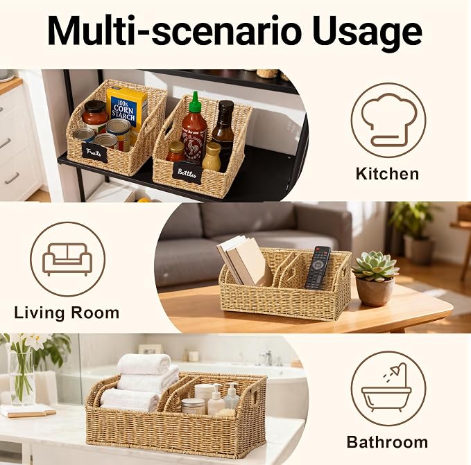 Brownlily Wicker Pantry Storage Baskets with Chalkboard,Handwoven Baskets for Organizing with Built-in Handles, All-Purpose Storage Bins for Shelves, Laundry Room, Natural-Double Set Bundle (6-Piece)