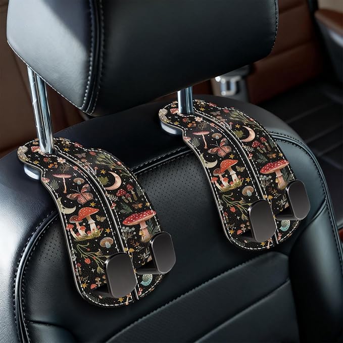 Blusabaca 2PCS Car Seat Headrest Hooks, Purses Bags Holder, Cute Mushroom | PU Leather, Double Metal Back Storage Hangers for Grocery Bags Handbags Bottles Coats Phones, Car Accessories Organization