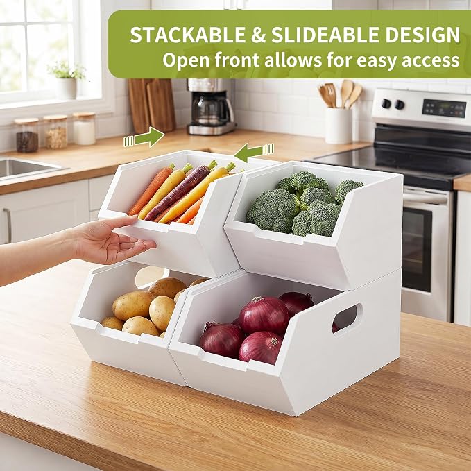 Bamboo Pantry Storage Bins, Potato and Onion Storage Bins for Countertop | Open Front Storage Bins, Large Capacity, Stackable Design, Cut-out Handles, FSC-certified Bamboo, No Assembly, White
