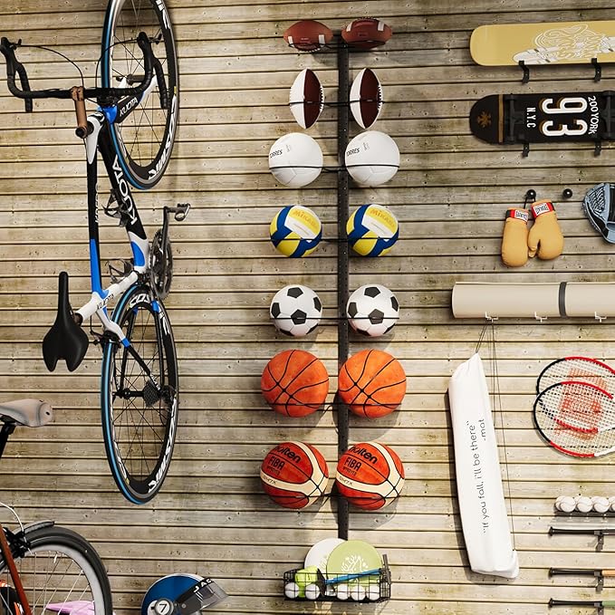 8 Tier Detachable Wall Mounted Basketball Rack, Vertical/Horizontal Football Holder, Holds 14 Balls DIY 1/2/3/4 Soccer Stand, Height-Adjustable Ball Rack with Basket for Garage, Tool Room, Metal-Black