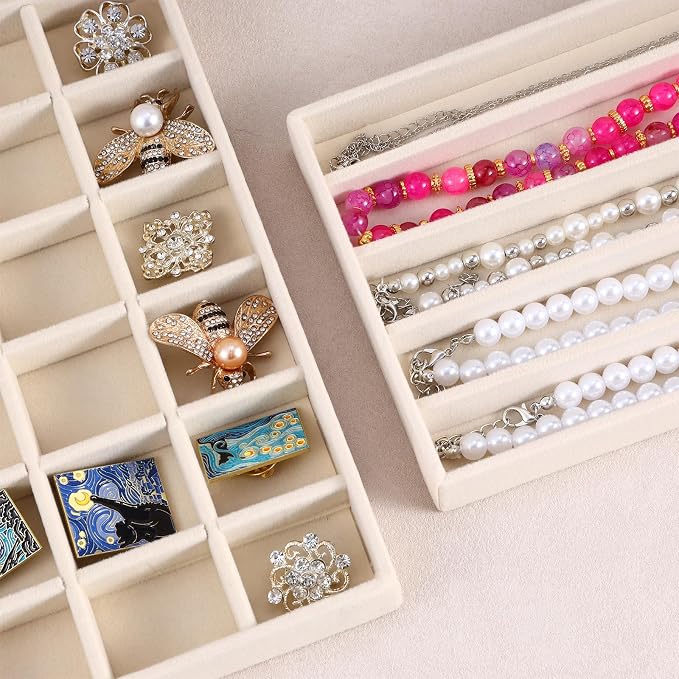 9 Pcs Stackable Jewelry Organizer Trays Velvet Jewelry Organizer for Drawer Adjustable Earring Necklace Ring Bracelet Display Storage Case, Beige