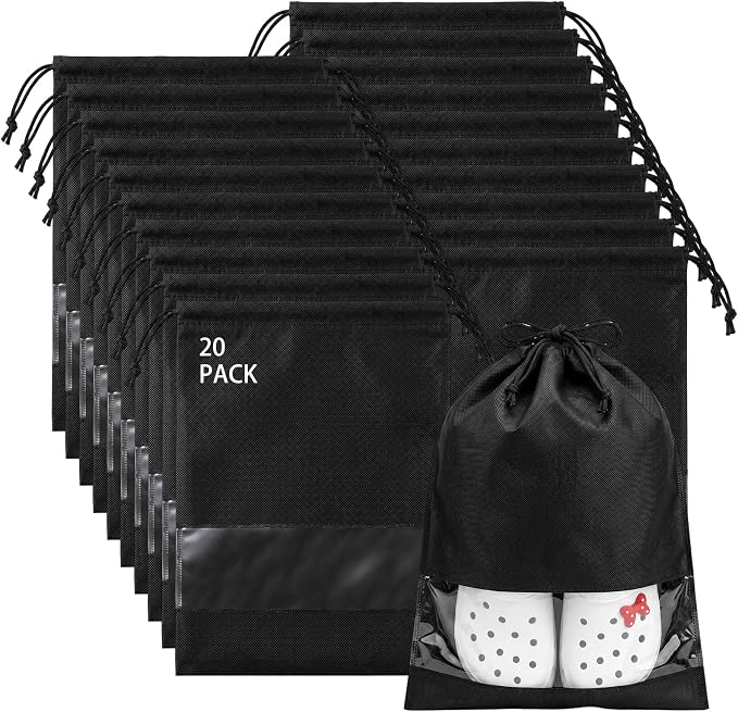 Large Shoe Bags for Packing with Clear Window, 17.3" X 12.6" Dustproof Drawstring Travel Shoe Storage Bags for Men & Women (20, Black)