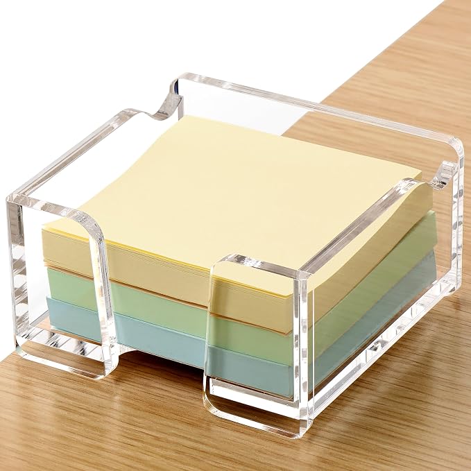 SANRUI Acrylic Sticky Note Holder with Pen Slot Clear Memo Pad Dispenser for 3x3 Inch Notes, All-in-One Desk Accessories for Home Office & School Supplies