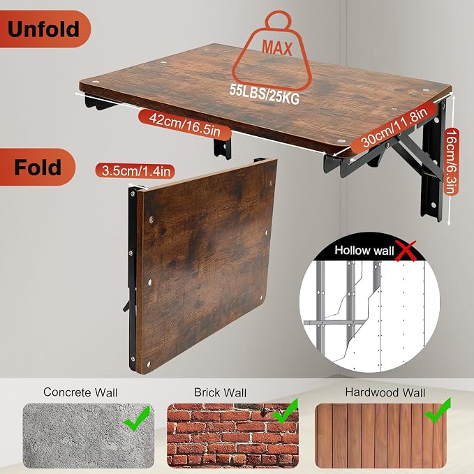 Folding Shelf Wall Mounted, 16.5inches Floating Desk for Small Space | Wooden Fold Down Projector Shelf, 2pcs Heavy-Duty Brackets Holds Up to 55lbs for Bedside, Living Room, Home Office, Kitchen