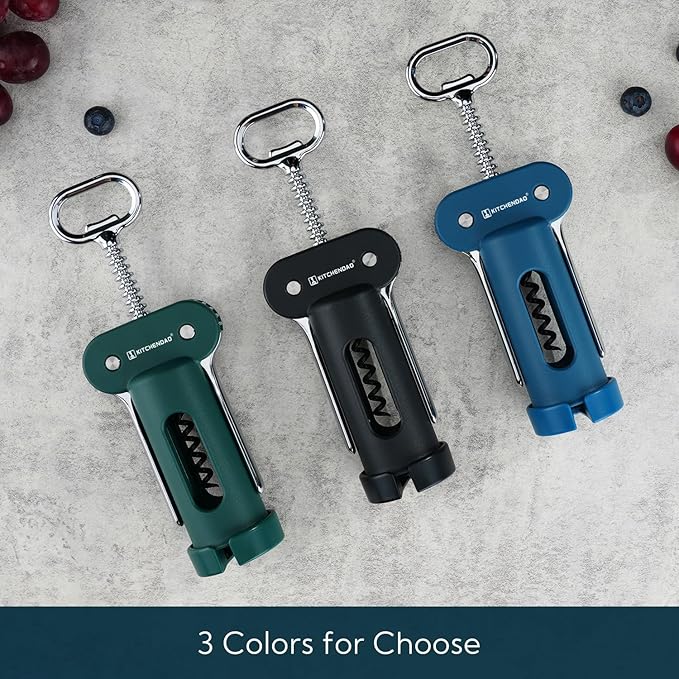 KITCHENDAO 3 in 1 Wing Corkscrew Wine Bottle Opener with Foil Cutter, Built-in Beer Bottle Opener, Multifunctional Wine Opener with Non-Stick Sharp Screw, Easy to Use, Manual Wine Corkscrew, Green