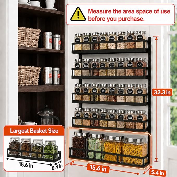 X-cosrack Wall Mount Spice Rack Organizer 5 Tier Height-Adjustable Hanging Spice Shelf Storage for Kitchen Pantry Cabinet, Dual-Use Seasoning Holder Rack with Hooks, Black-Patented