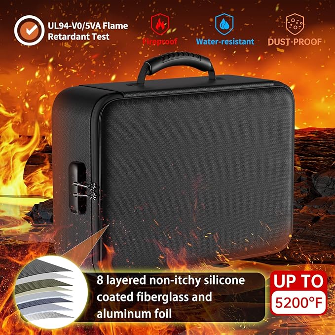 DocSafe 5200°F Document Organizer with Lock, Heat Insulated Fireproof Box | Upgraded 8 Layers File Storage Protection,Water-Resistant,Portable Home Travel Safe for Important Documents and More,Black
