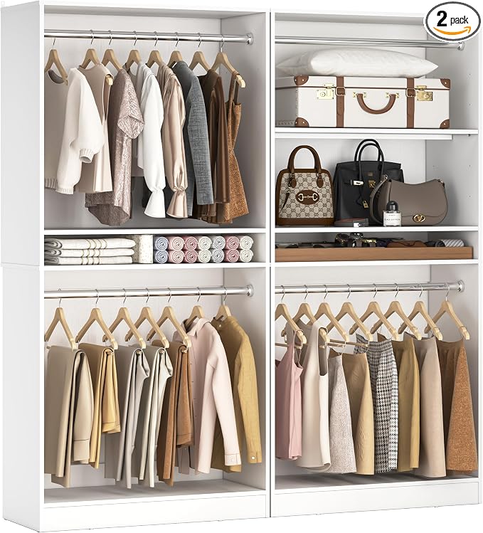 Unikito 72'' Closet System with 4 Hanging Rods, Walk-in Clothing Organizer, 2-Piece Wood Garment Rack for Bedroom, White
