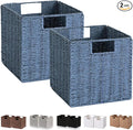 Vagusicc Wicker Storage Basket, Set of 2 Hand-Woven Storage Baskets for Shelves with Handles, Foldable Cube Storage Bins Organizer, Blue 13x13 Inch Large Wicker Baskets for Pantry Bedroom Decor, Blue