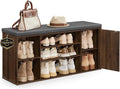 SONGMICS Home Storage Bench, Snapsemble Superfast Assembly, 41" Wide Entryway Shoe Bench with Cushion & Adjustable Shelves, Shoe Rack Cabinet, Natural Walnut and Slate Gray ULHS391KE04S