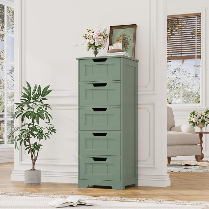 FOTOSOK Bathroom Cabinet, Bathroom Storage Cabinet with 5 Drawers, Wooden Storage Cabinets with Cut-Out Handles, 11.8” x 15.7” x 40.1” Bathrooms Floor Cabinets for Hallway/Living Room, Green