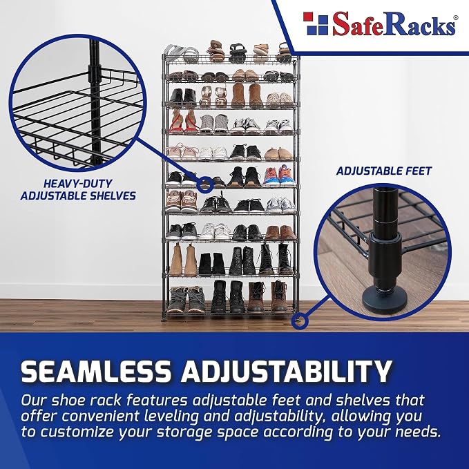 SafeRacks 10-Tier Shoe Rack - 60 Pair Heavy Duty Storage Stand