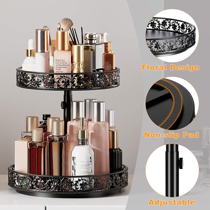 2 Tier Lazy Susan Organizer Turntable Height Adjustable, Black | 12 Inch Two Tier Lazy Susan,Metal Easy Assembly Spice Rack Organizer Rotating for Cabinet Dining Table Top Kitchen Countertop